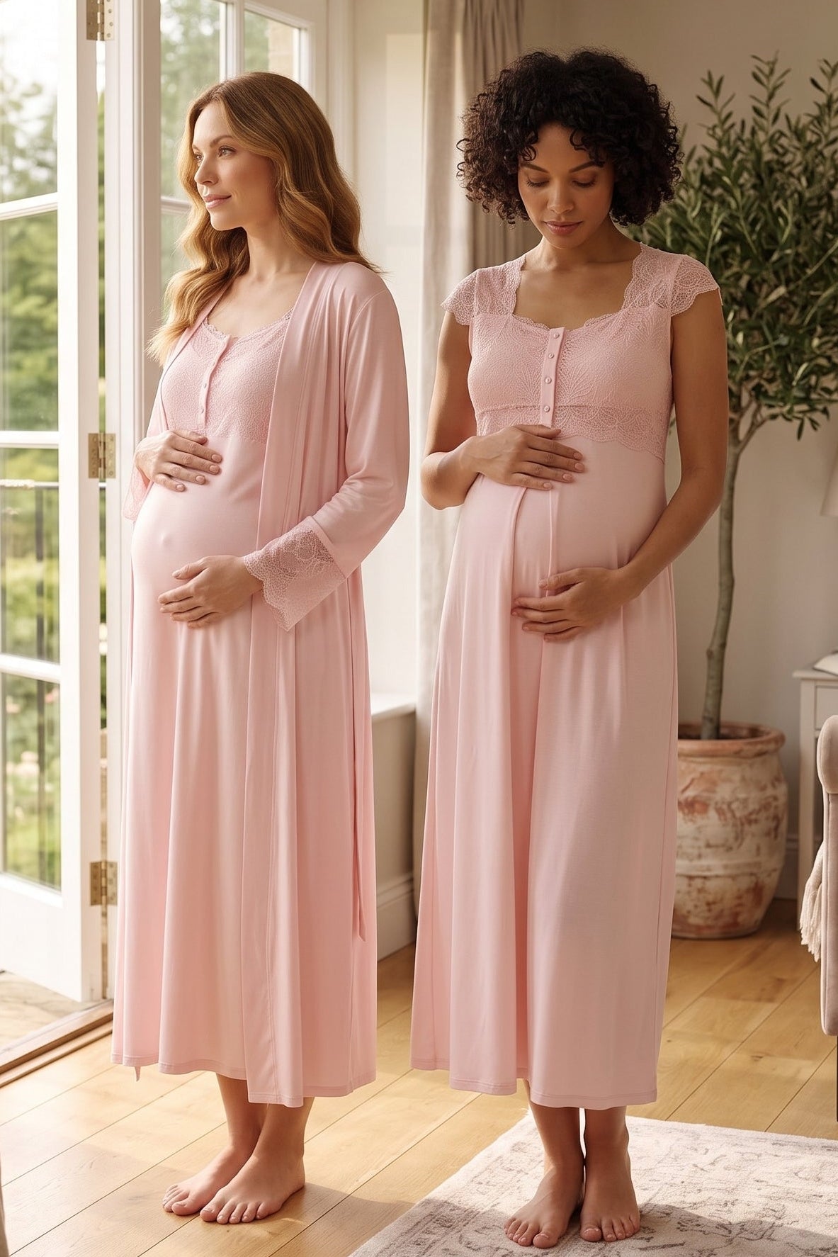 Lace Shoulder Maternity Feeding-Friendly Nightgown & Lace Sleeve Robe Set Pink - L2028