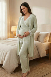 Lace Detailed Wrap 3-Piece Maternity-Nursing Pajama & Robe Set Mint - 2032