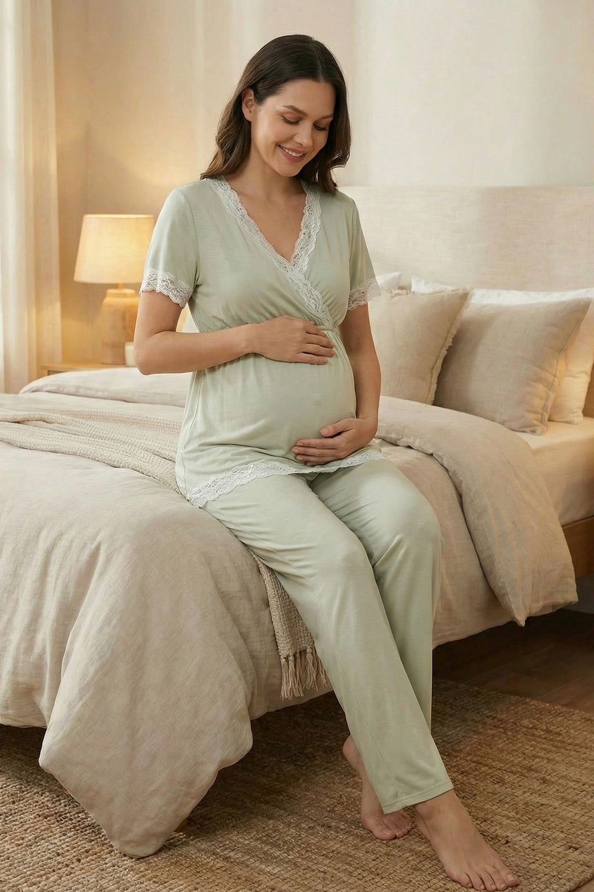 Lace Detailed Wrap 3-Piece Maternity-Nursing Pajama & Robe Set Mint - 2032