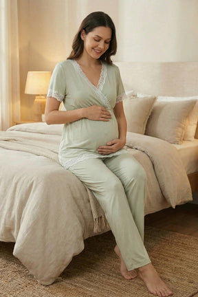 Lace Detailed Wrap 3-Piece Maternity-Nursing Pajama & Robe Set Mint - 2032