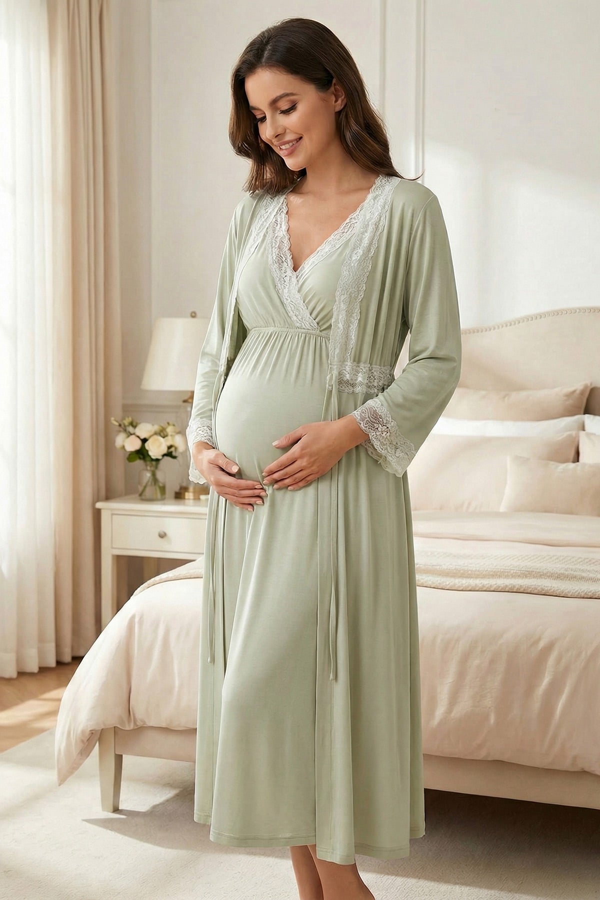 Lace Detailed Wrap Maternity-Nursing Nightgown & Robe Set Mint - 2033
