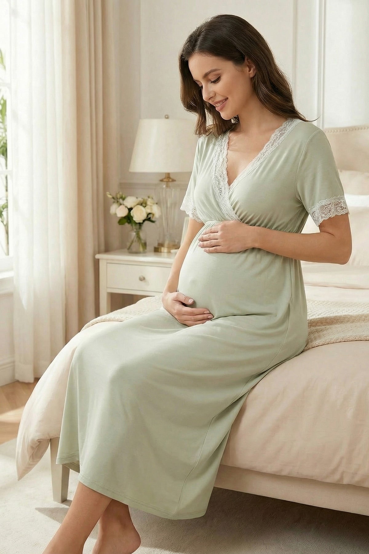 Lace Detailed Wrap Maternity-Nursing Nightgown & Robe Set Mint - 2033
