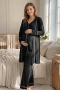 Piped Soft 3-Piece Maternity-Nursing Pajama & Robe Set Black - 2037
