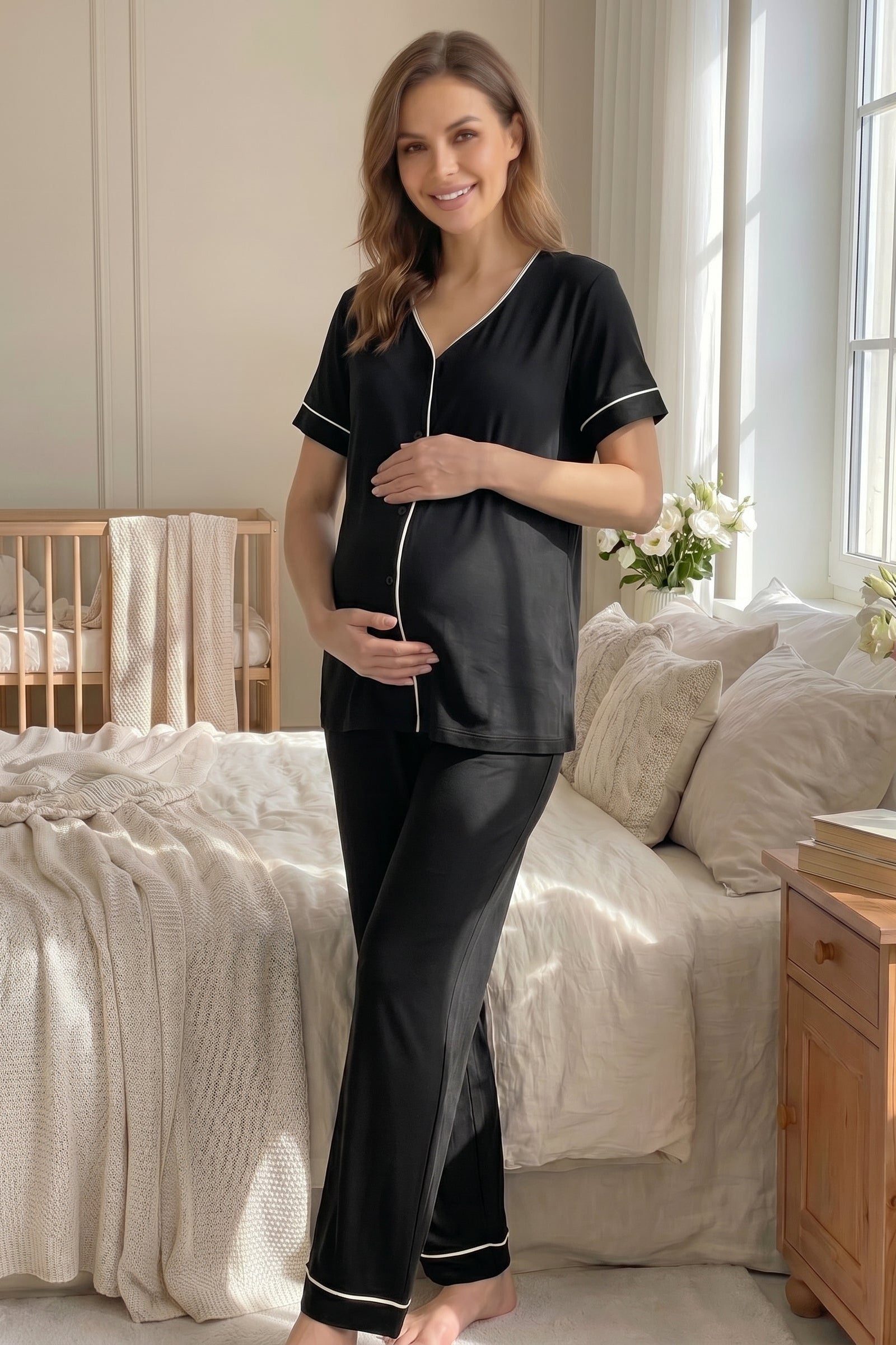 Piped Soft 3-Piece Maternity-Nursing Pajama & Robe Set Black - 2037