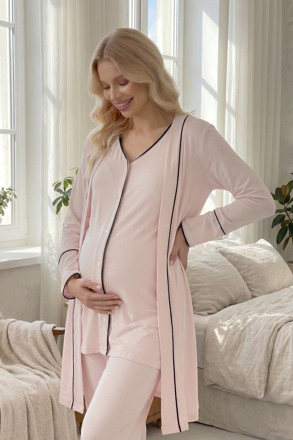 طقم بيجامة وعباءة للحوامل والرضاعة من 3 قطع باللون الوردي - 2038