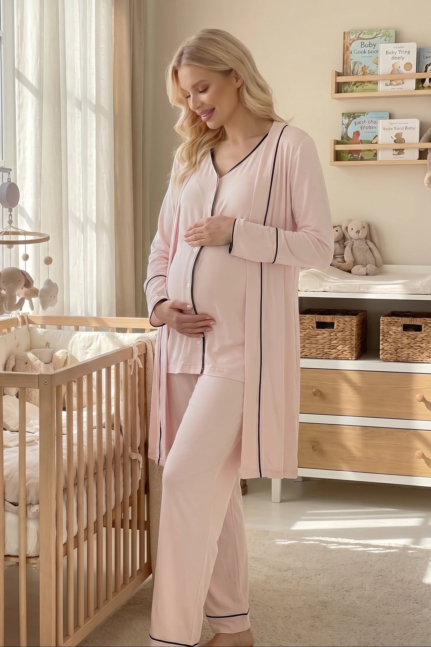 Piped Soft 3-Piece Maternity-Nursing Pajama & Robe Set Pink - 2038