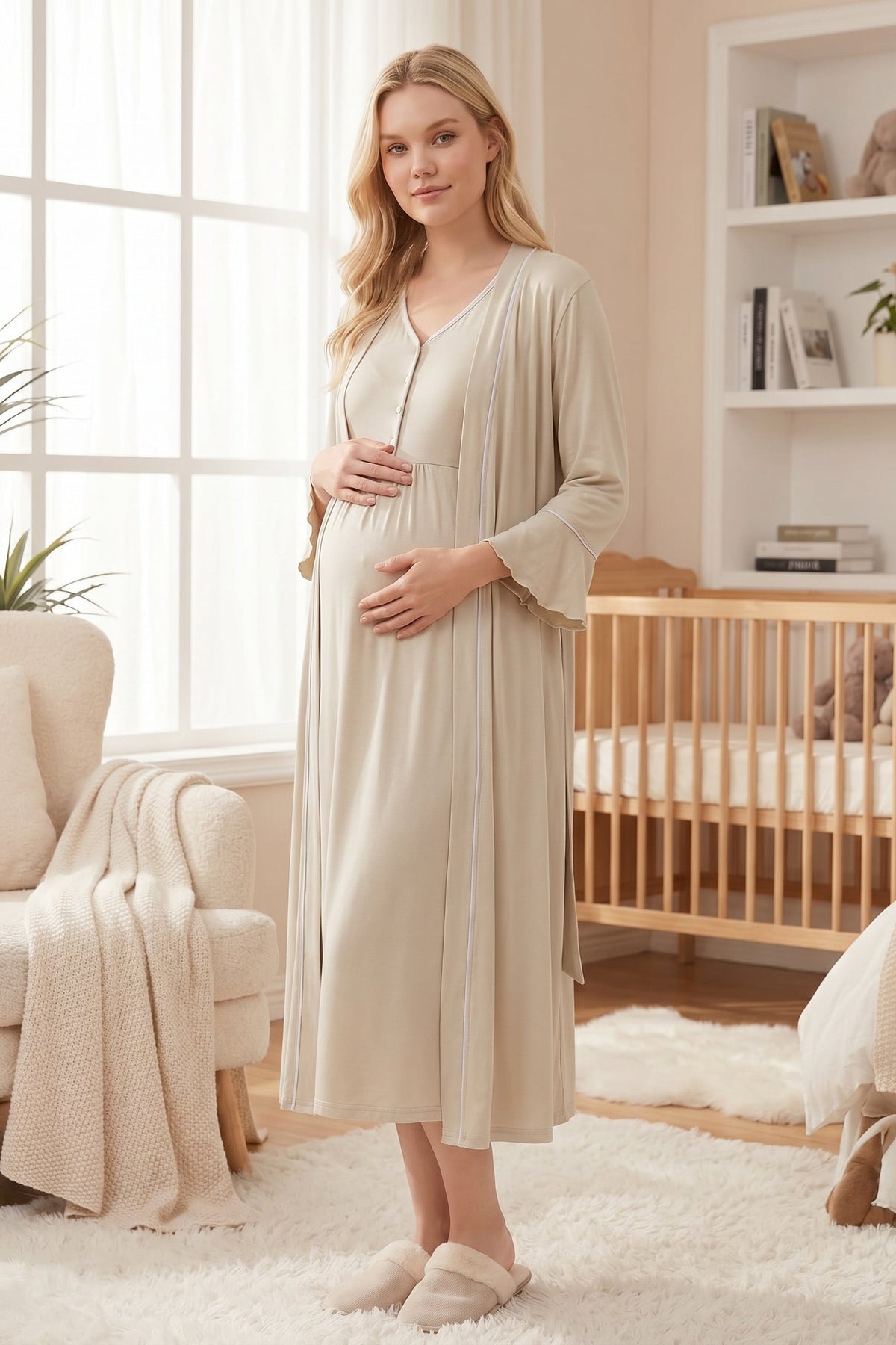Piped Maternity-Nursing Nightgown & Pleated Sleeve Robe Set Mint - 2040