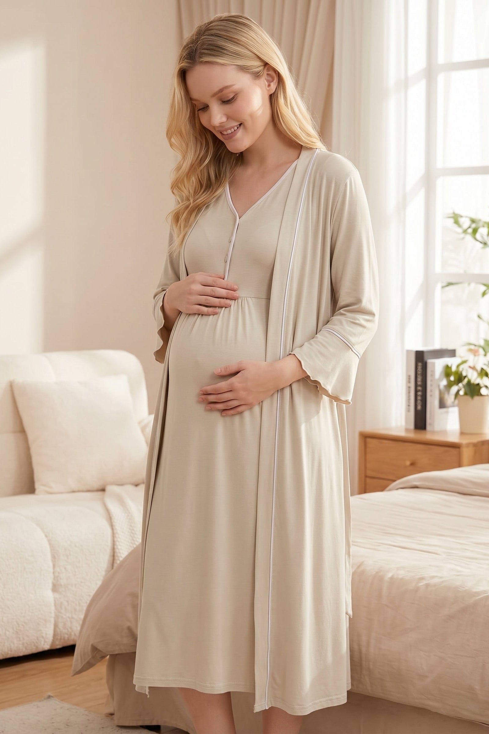 Piped Maternity-Nursing Nightgown & Pleated Sleeve Robe Set Mint - 2040
