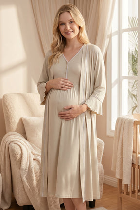 Piped Maternity-Nursing Nightgown & Pleated Sleeve Robe Set Mint - 2040