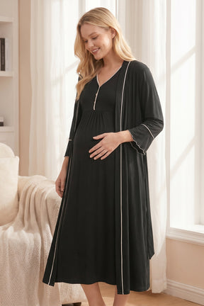 Piped Maternity-Nursing Nightgown & Pleated Sleeve Robe Set Black - 2041