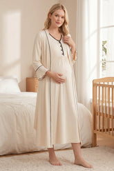 Piped Maternity-Nursing Nightgown & Pleated Sleeve Robe Set Ecru - 2044
