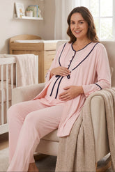 Piped 3-Piece Maternity-Nursing Pajama & Flywheel Arm Robe Set Pink - 2045
