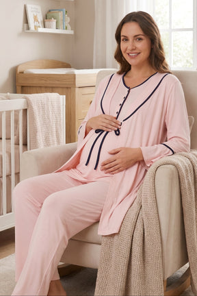Piped 3-Piece Maternity-Nursing Pajama & Flywheel Arm Robe Set Pink - 2045