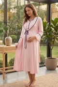 Piped Maternity Feeding-Friendly Nightgown & Flywheel Arm Robe Set Pink - L2047
