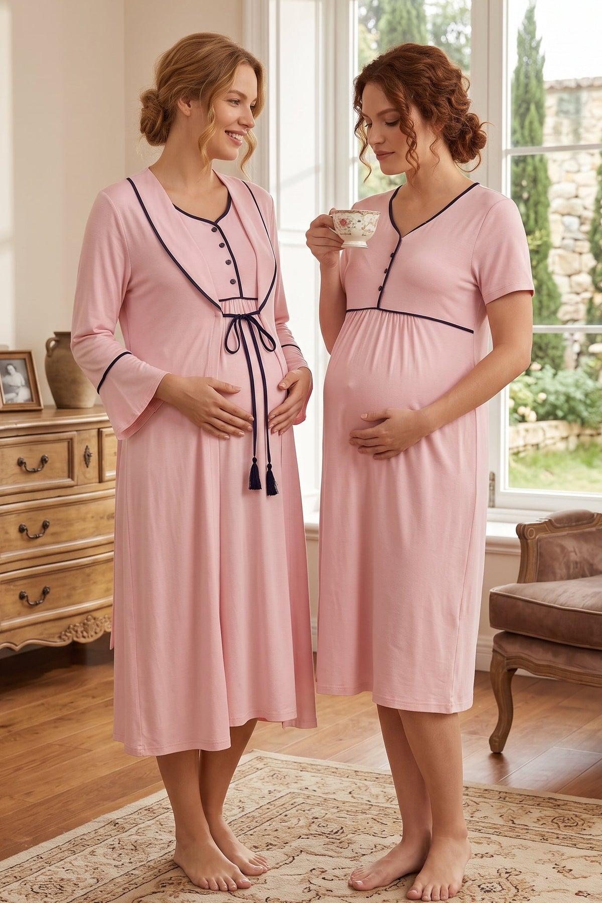 Piped Maternity Feeding-Friendly Nightgown & Flywheel Arm Robe Set Pink - L2047
