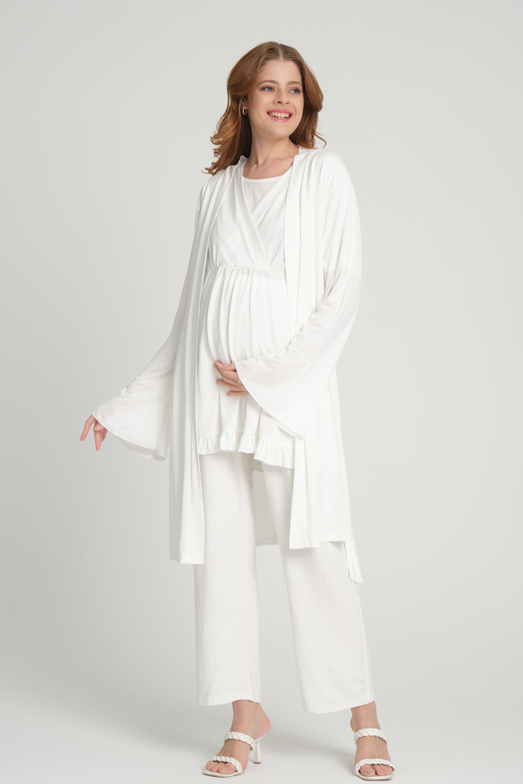 Double Breasted 3-Piece Maternity-Nursing Pajama & Flywheel Arm Robe Set Ecru - 205