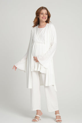 Double Breasted 3-Piece Maternity-Nursing Pajama & Flywheel Arm Robe Set Ecru - 205