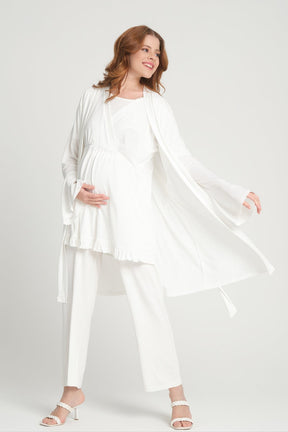 Double Breasted 3-Piece Maternity-Nursing Pajama & Flywheel Arm Robe Set Ecru - 205