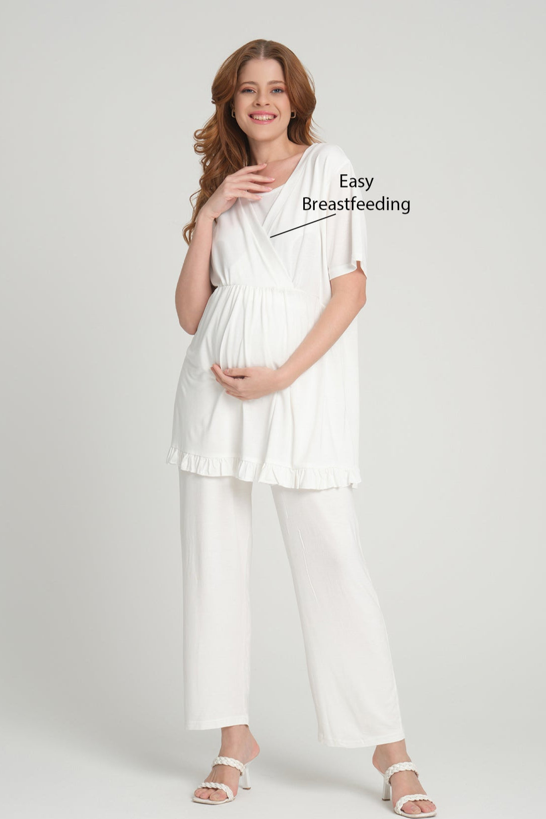 Double Breasted 3-Piece Maternity-Nursing Pajama & Flywheel Arm Robe Set Ecru - 205