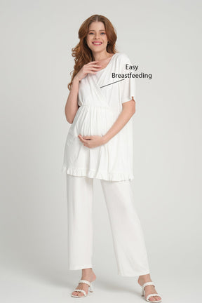Double Breasted 3-Piece Maternity-Nursing Pajama & Flywheel Arm Robe Set Ecru - 205