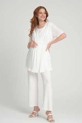 Double Breasted 3-Piece Maternity-Nursing Pajama & Flywheel Arm Robe Set Ecru - 205