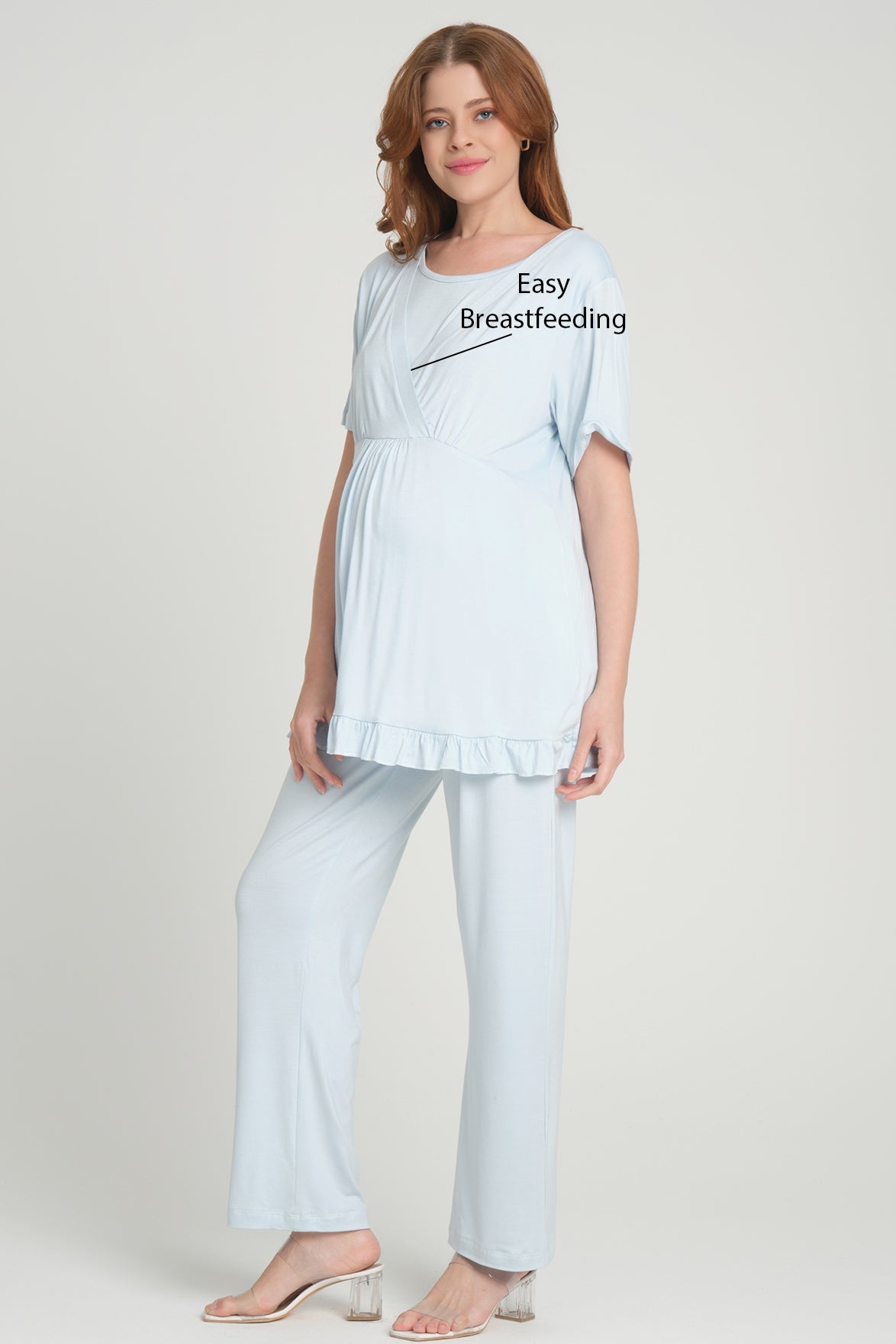 Double Breasted 3-Piece Maternity-Nursing Pajama & Flywheel Arm Robe Set Blue - 205