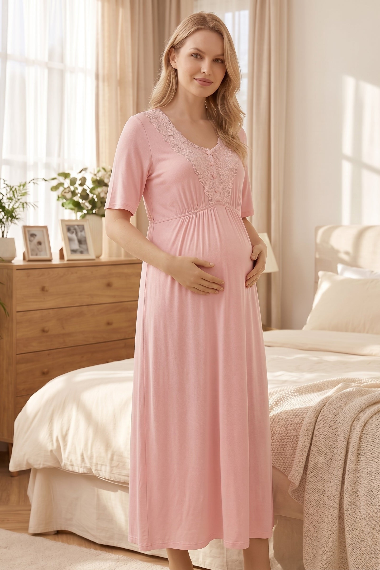 Lacy Maternity-Nursing Nightgown & Lace Sleeve Striped Robe Set Pink - 2050