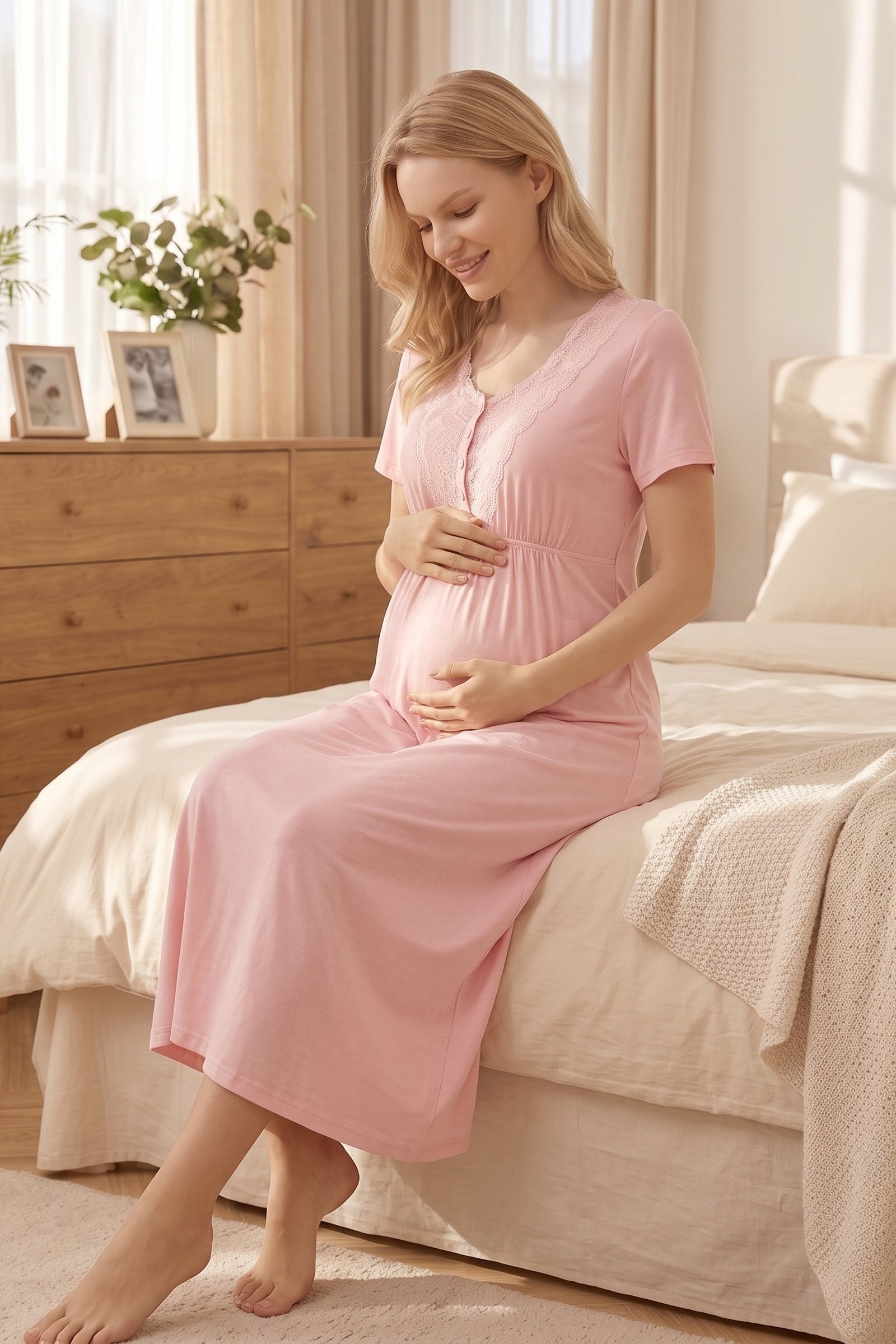 Lacy Maternity-Nursing Nightgown & Lace Sleeve Striped Robe Set Pink - 2050