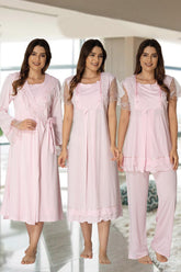 Lace Sleeve 4 Piece Maternity-Nursing Set Pink - 2050