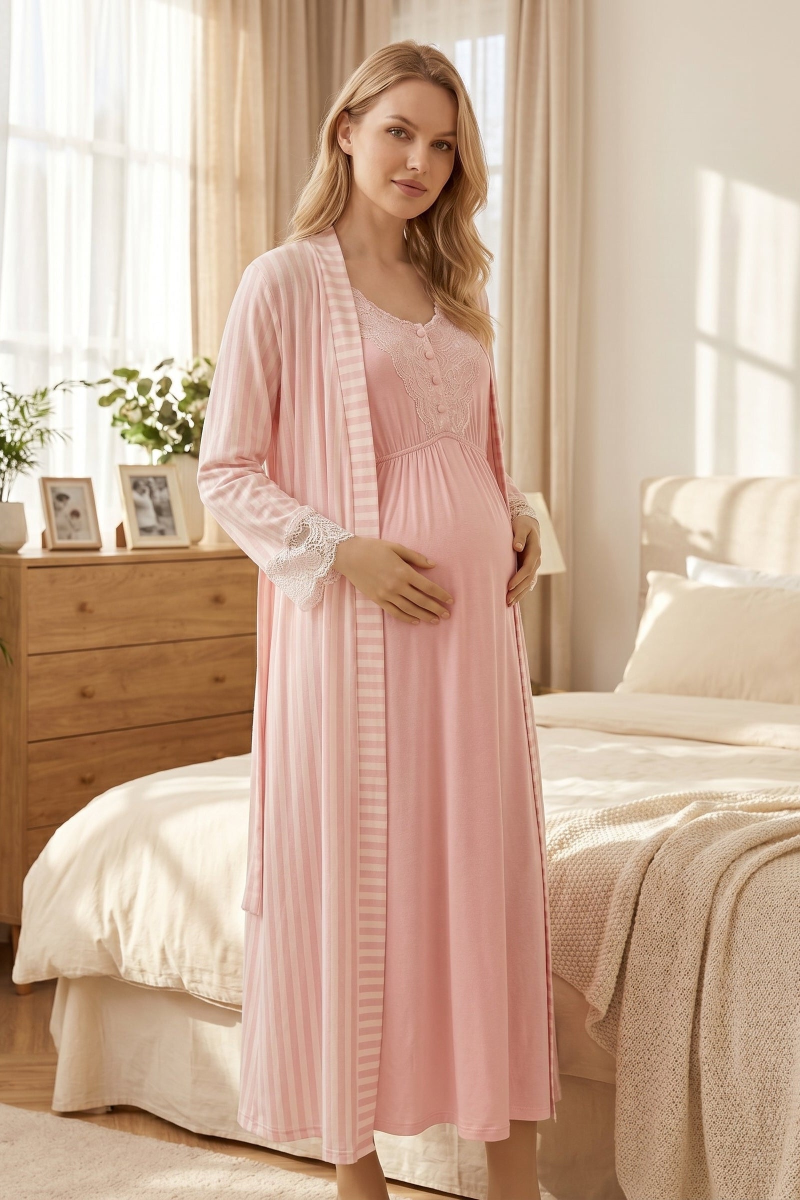 Lacy Maternity-Nursing Nightgown & Lace Sleeve Striped Robe Set Pink - 2050