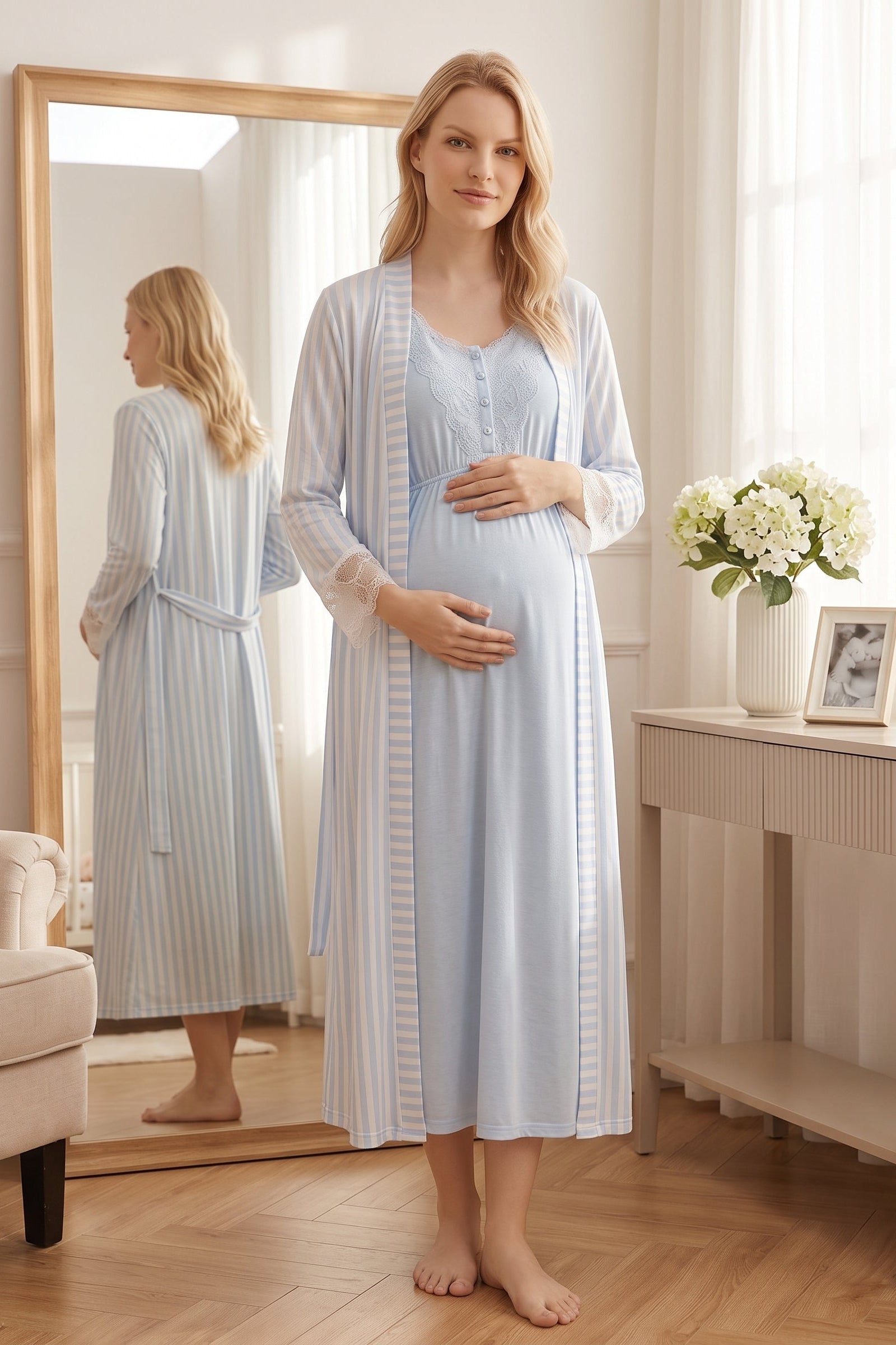 Lacy Maternity-Nursing Nightgown & Lace Sleeve Striped Robe Set Blue - 2051