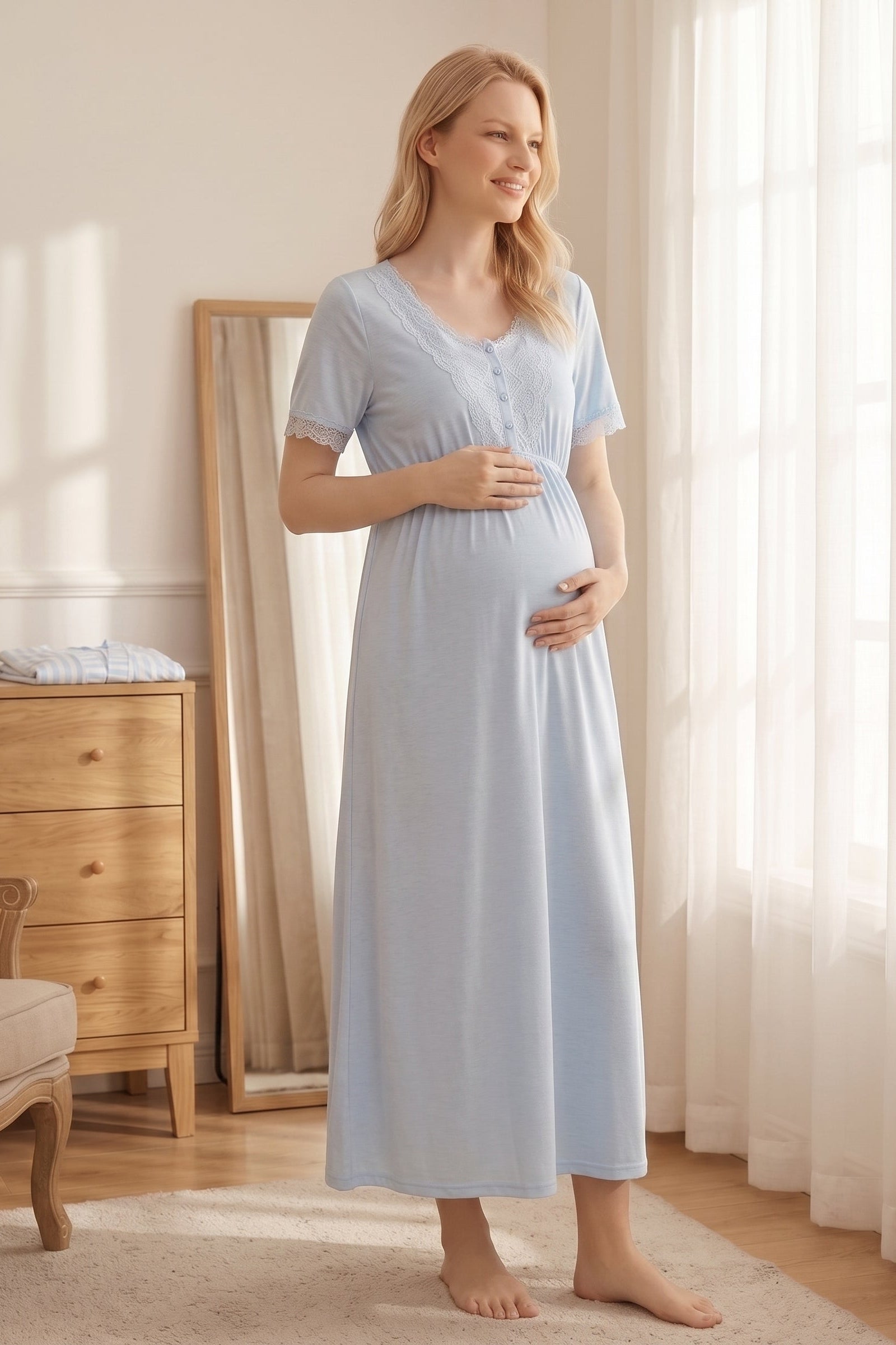 Lacy Maternity-Nursing Nightgown & Lace Sleeve Striped Robe Set Blue - 2051