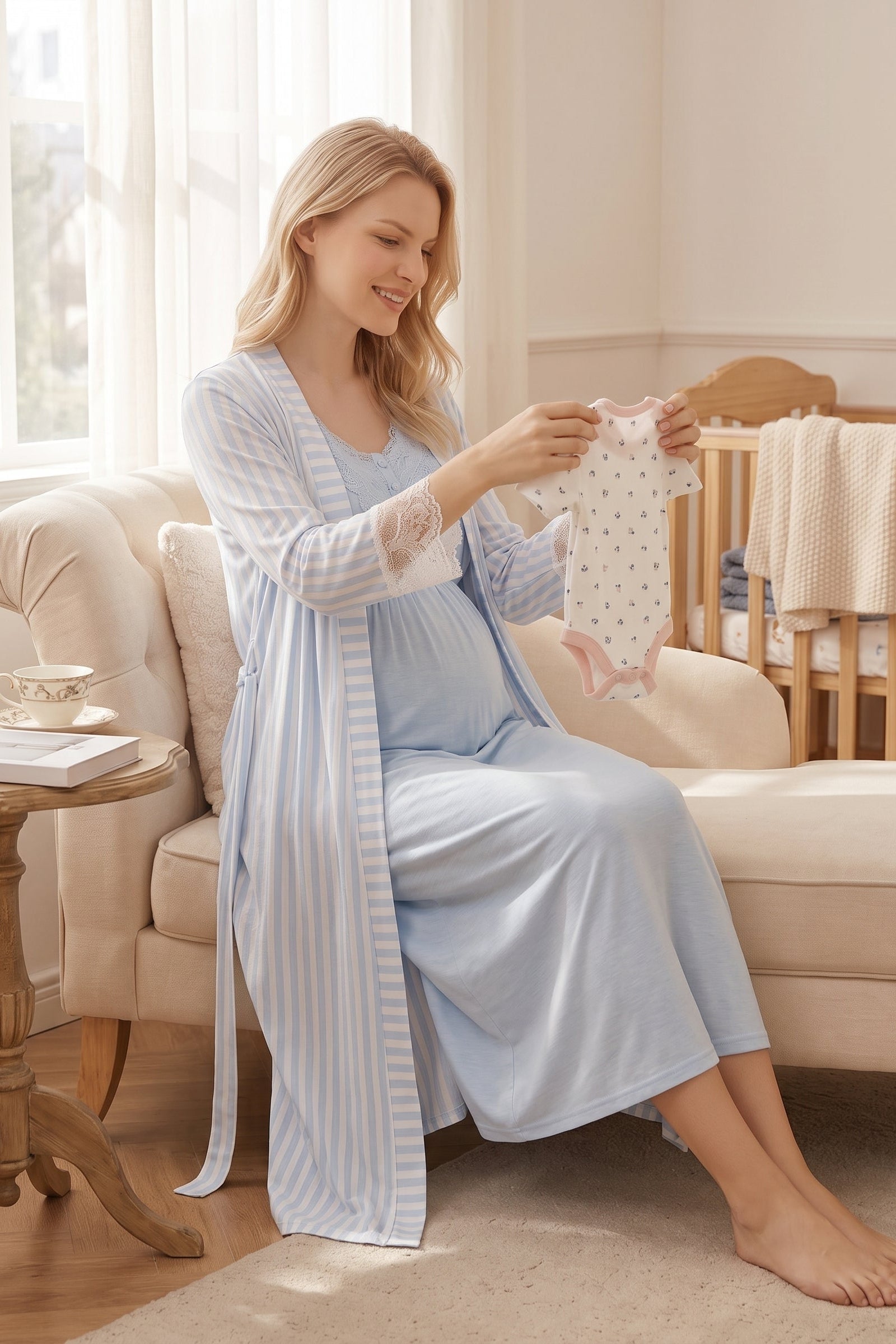 Lacy Maternity-Nursing Nightgown & Lace Sleeve Striped Robe Set Blue - 2051