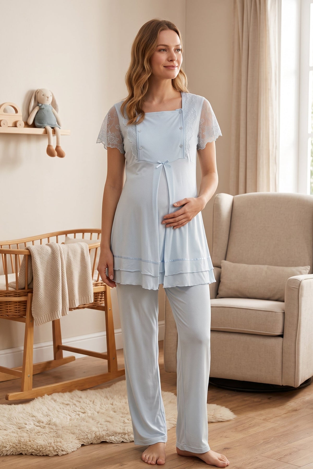 Lace Sleeve Maternity & Nursing Pajama Set Blue - 2051