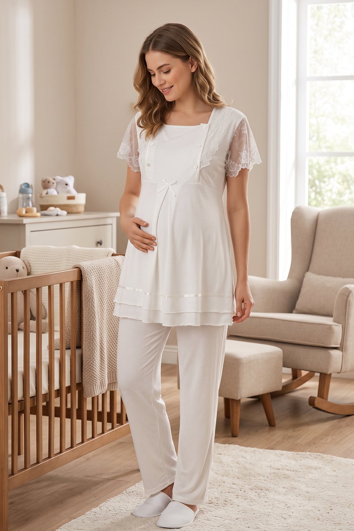 Lace Sleeve Maternity & Nursing Pajama Set Ecru - 2051