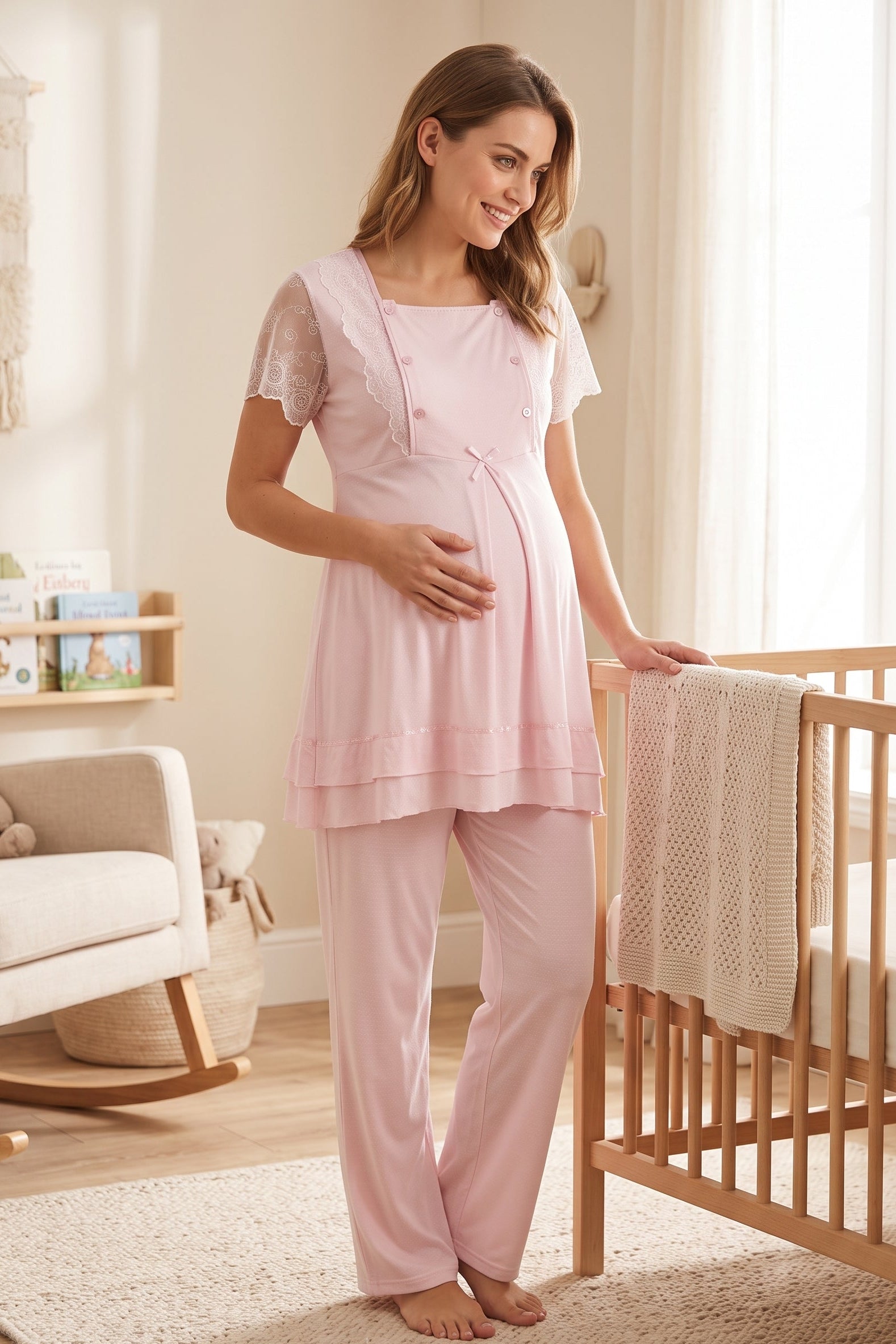 Lace Sleeve Maternity & Nursing Pajama Set Pink - 2051
