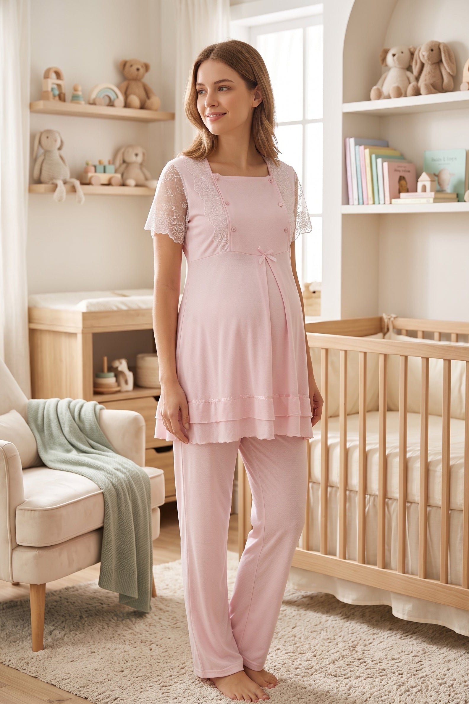 Lace Sleeve Maternity & Nursing Pajama Set Pink - 2051