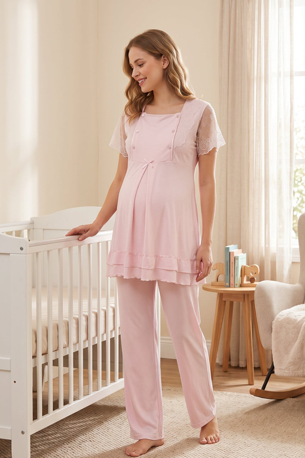 Lace Sleeve Maternity & Nursing Pajama Set Pink - 2051