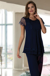 Lace Sleeve Maternity & Nursing Pajama Set Navy Blue - 2051
