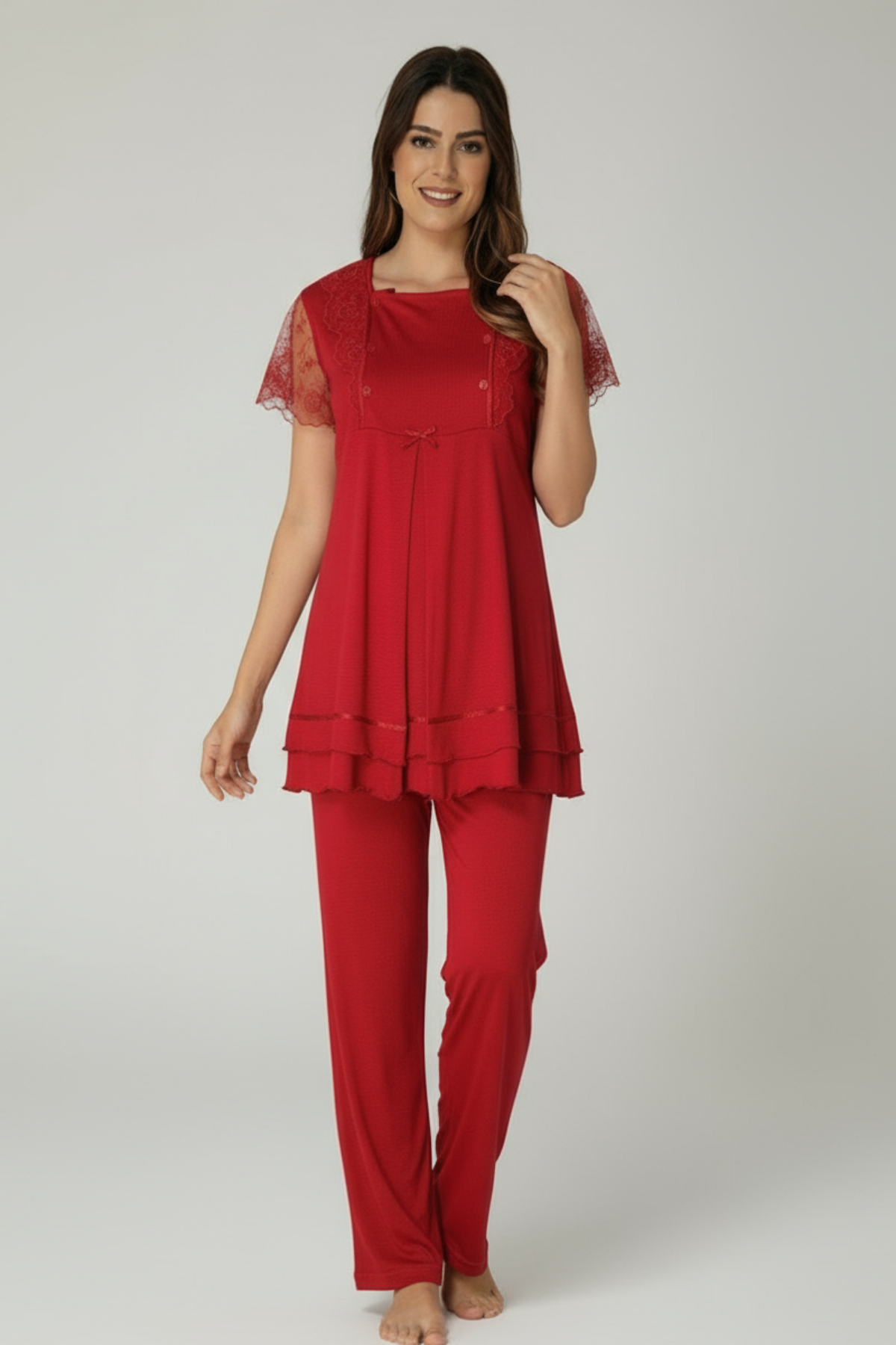 Lace Sleeve Maternity & Nursing Pajama Set - 2051