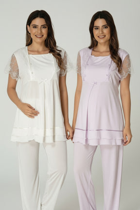 Lace Sleeve Maternity & Nursing Pajama Set Ecru - 2051