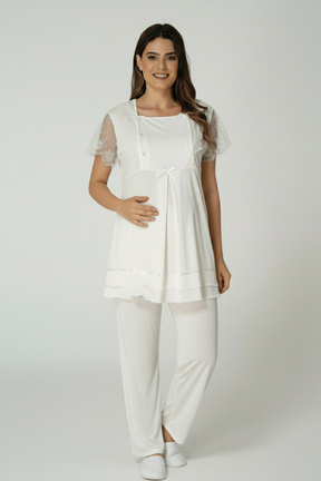 Lace Sleeve Maternity & Nursing Pajama Set Ecru - 2051
