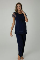 Lace Sleeve Maternity & Nursing Pajama Set Navy Blue - 2051