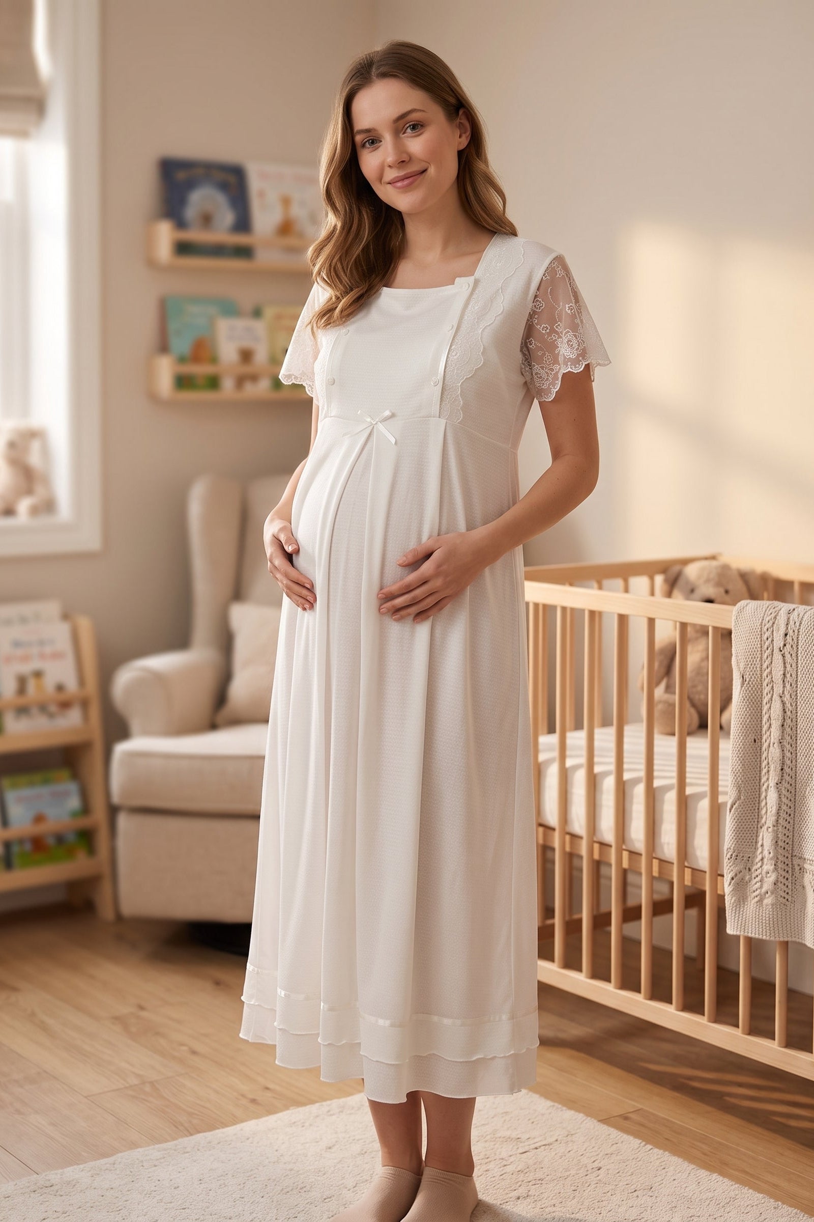 Lace Sleeve Maternity & Nursing Nightgown Ecru - 2052