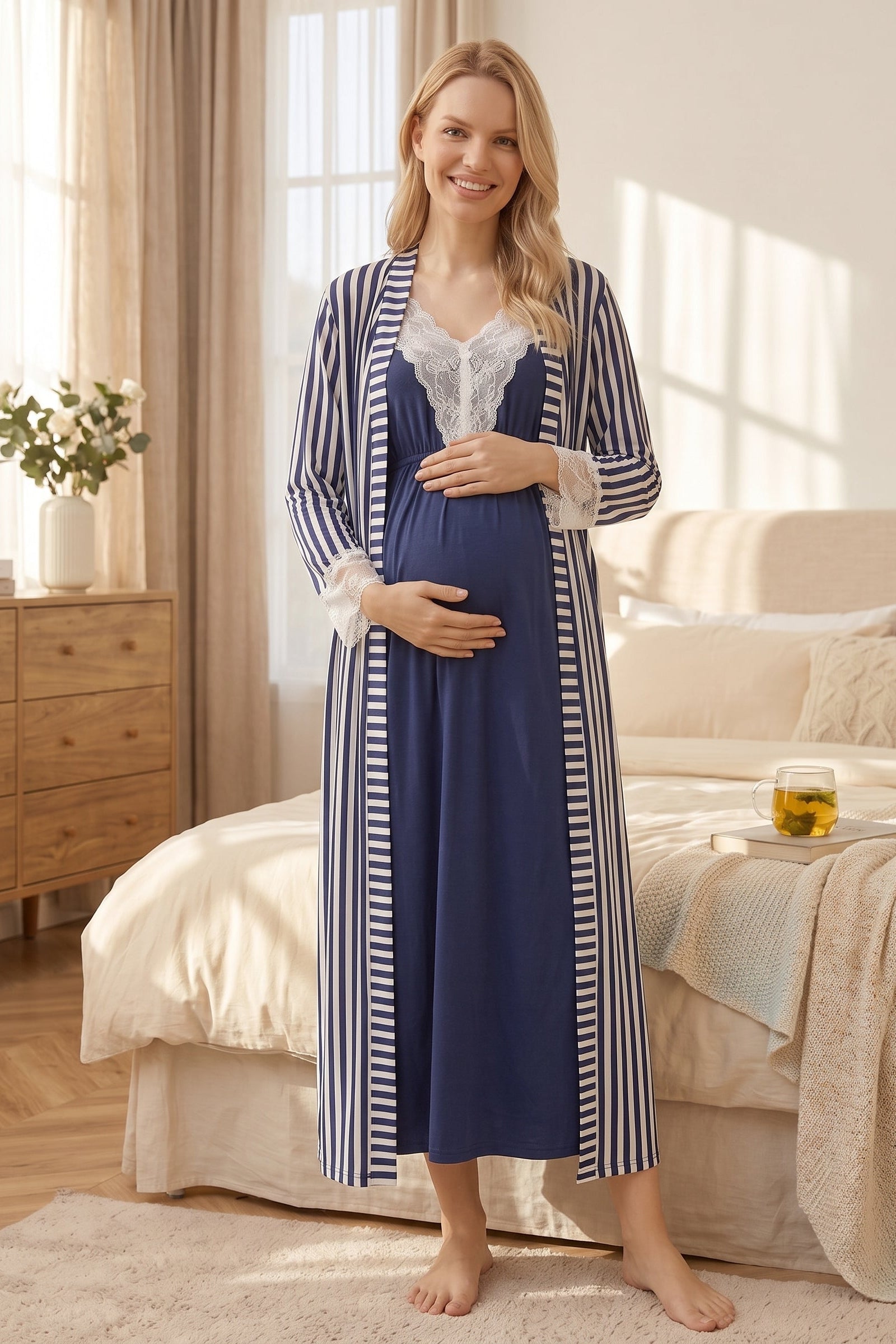 Lacy Maternity-Nursing Nightgown & Lace Sleeve Striped Robe Set Navy Blue - 2052