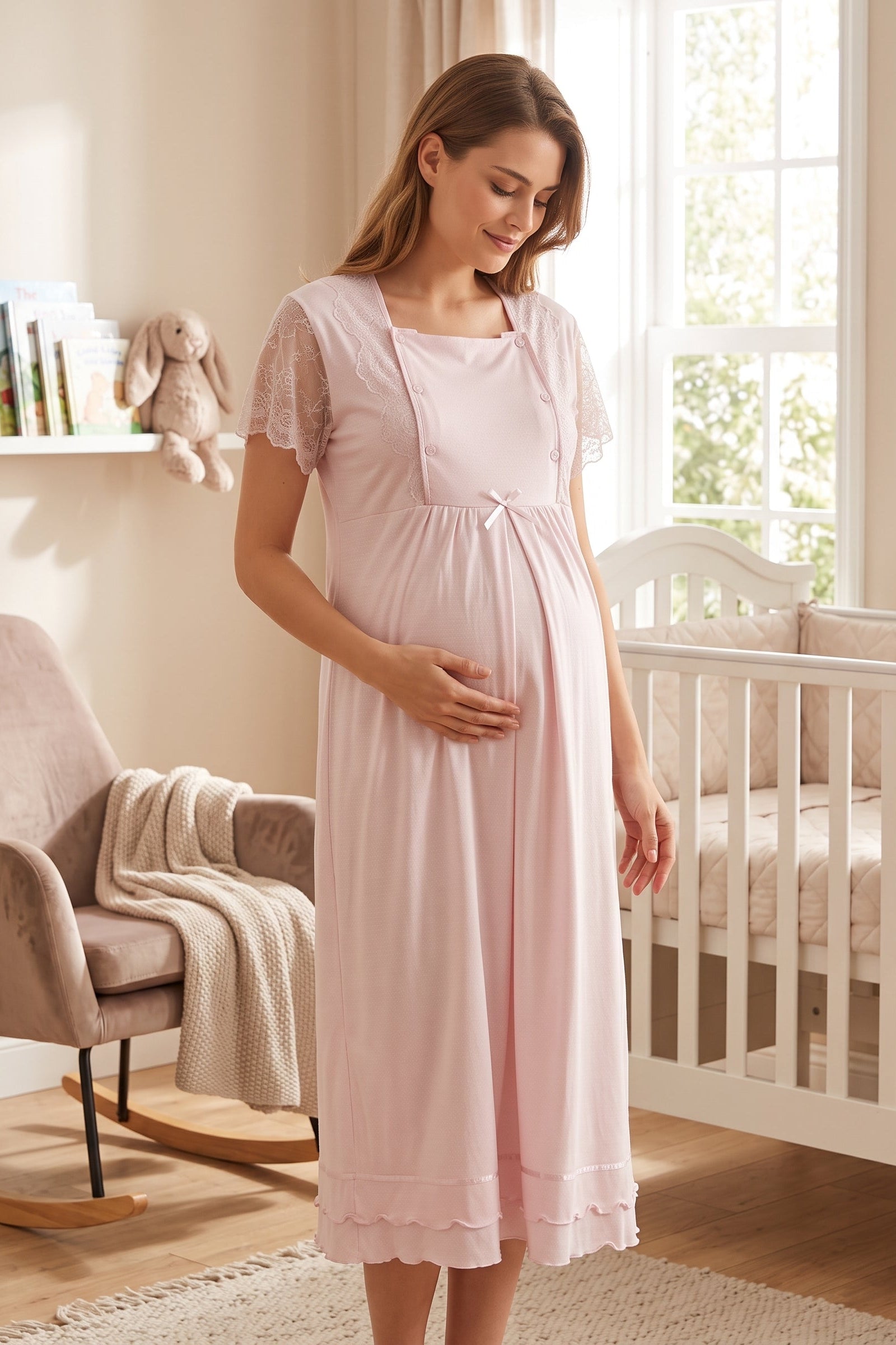 Lace Sleeve Maternity & Nursing Nightgown Pink - 2052