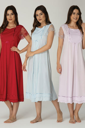 Lace Sleeve Maternity & Nursing Nightgown - 2052