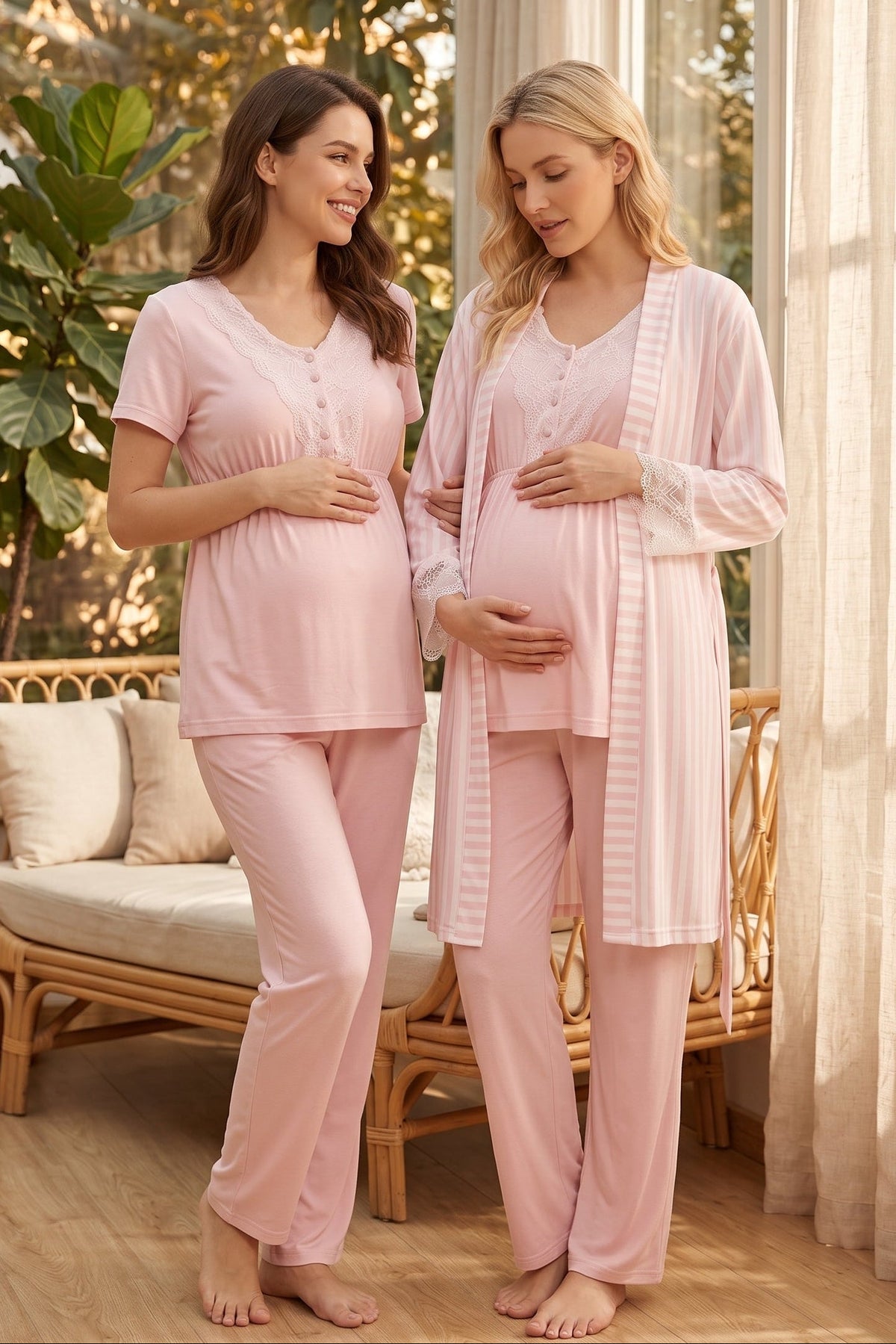 Lacy 3-Piece Maternity Feeding-Friendly Pajama & Lace Sleeve Striped Robe Set Pink - L2053
