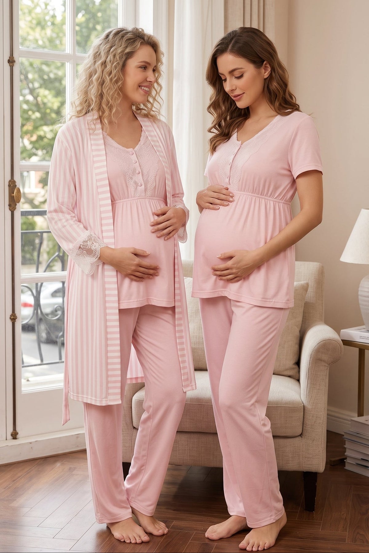 Lacy 3-Piece Maternity Feeding-Friendly Pajama & Lace Sleeve Striped Robe Set Pink - L2053