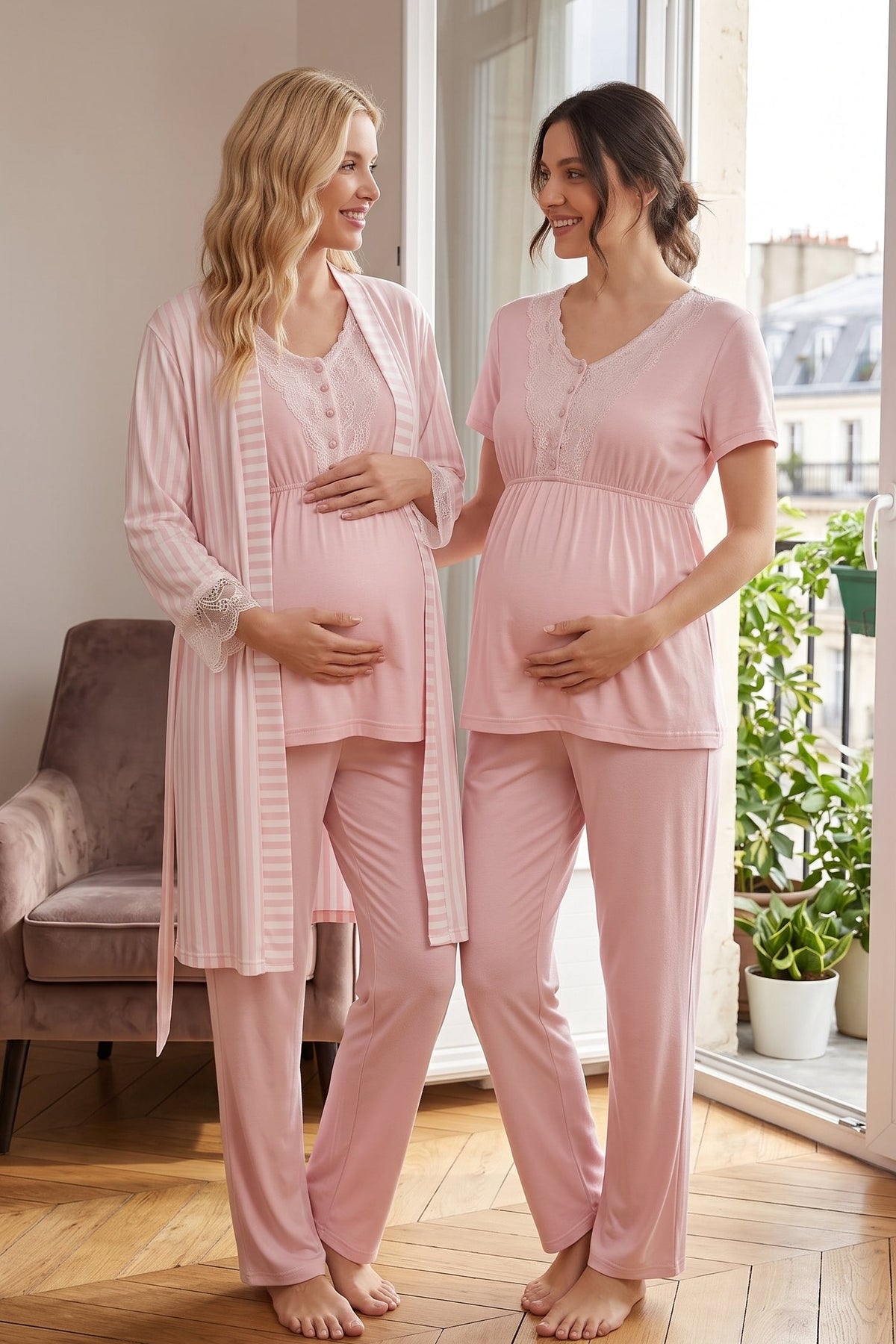 Lacy 3-Piece Maternity Feeding-Friendly Pajama & Lace Sleeve Striped Robe Set Pink - L2053
